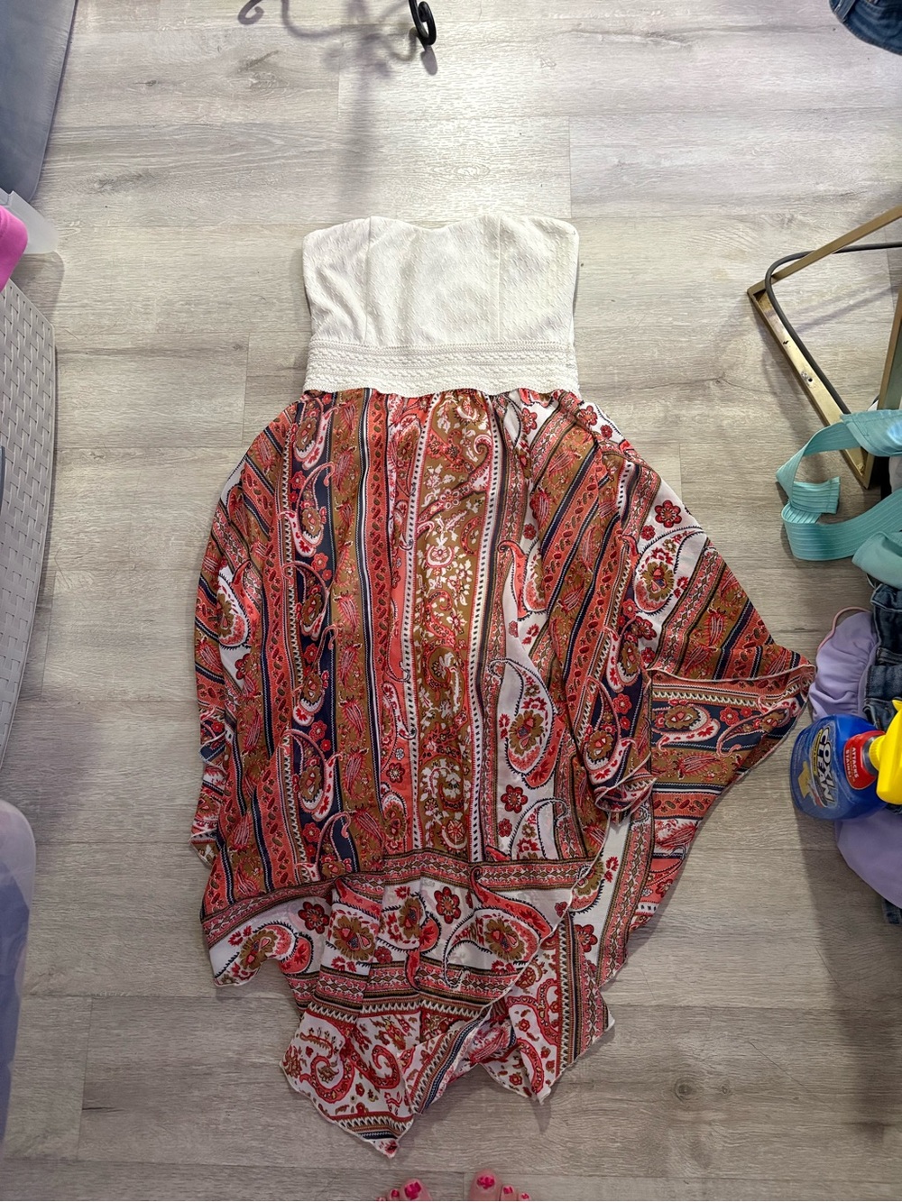 Strapless White and Red Paisley Girls One-Piece Dress